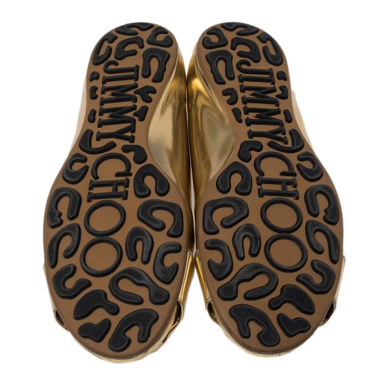 Pre Owned Jimmy Choo Gold Leather Buckle Ballet Flats Size 38.5