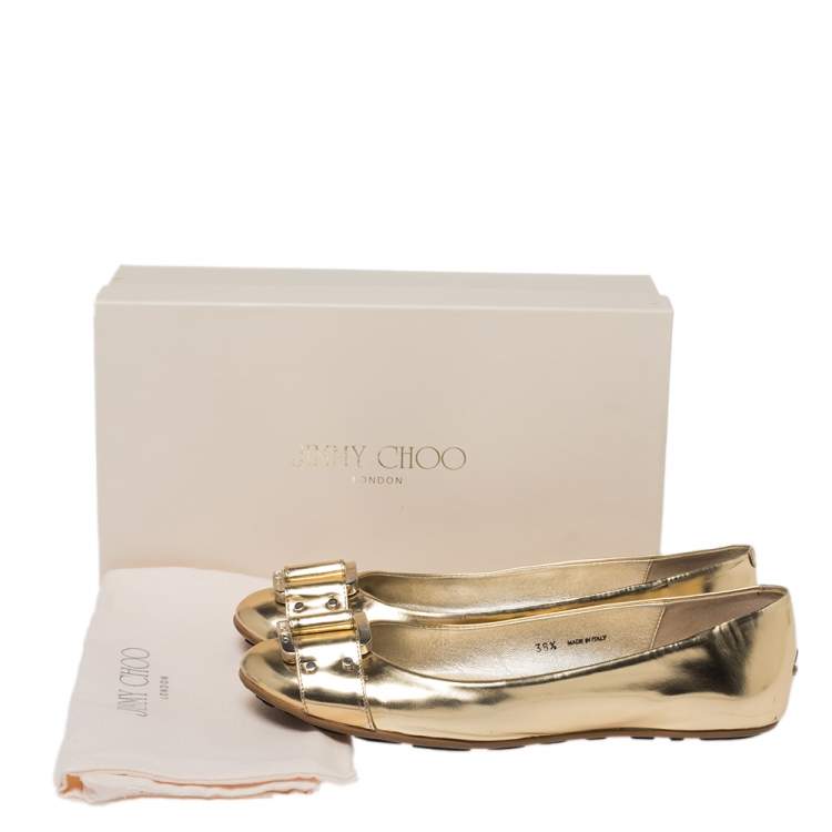Pre Owned Jimmy Choo Gold Leather Buckle Ballet Flats Size 38.5