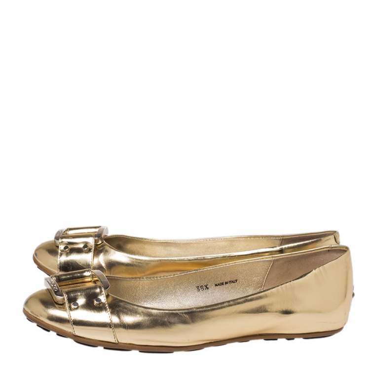 Pre Owned Jimmy Choo Gold Leather Buckle Ballet Flats Size 38.5