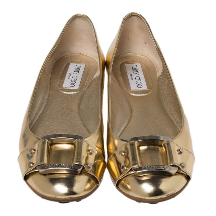 Pre Owned Jimmy Choo Gold Leather Buckle Ballet Flats Size 38.5