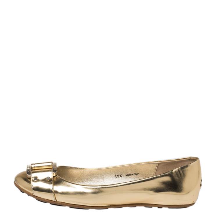 Pre Owned Jimmy Choo Gold Leather Buckle Ballet Flats Size 38.5