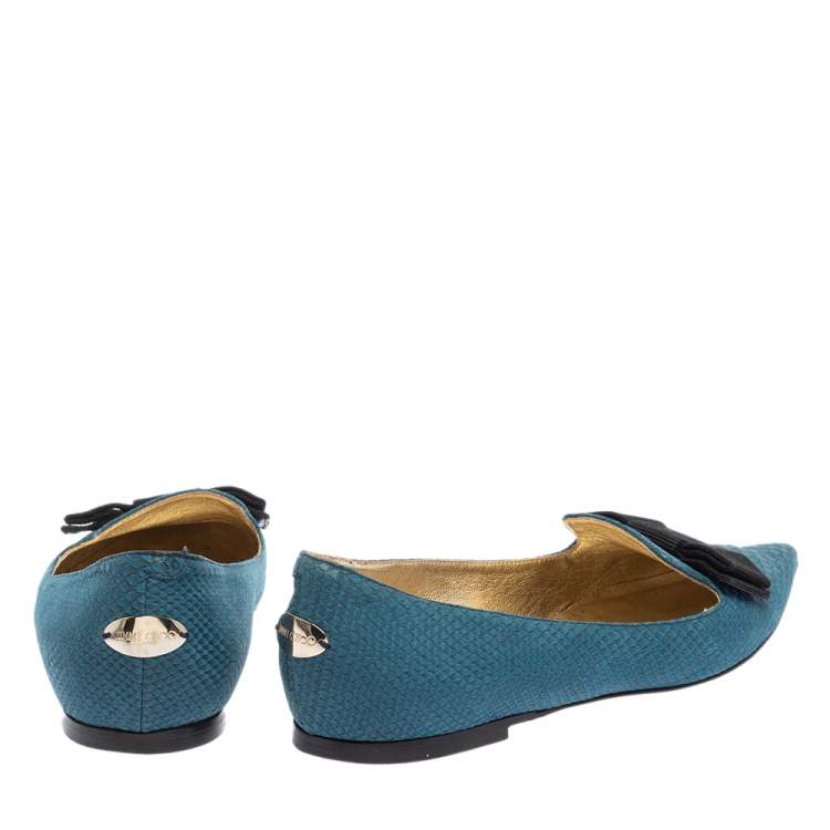 مملوكة مسبقًا Jimmy Choo Blue Snake Embossed Leather Gala Bow Ballet Flats Size 37
