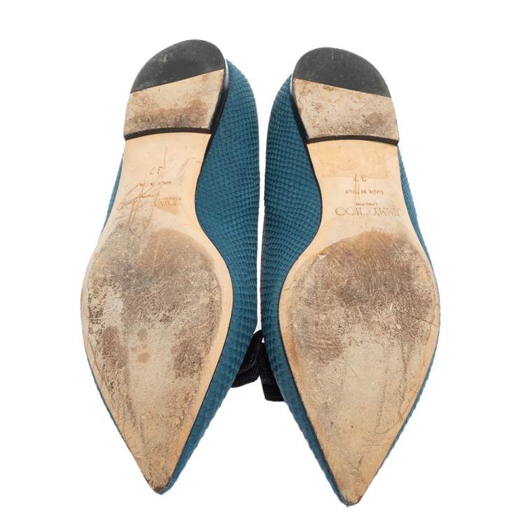 مملوكة مسبقًا Jimmy Choo Blue Snake Embossed Leather Gala Bow Ballet Flats Size 37