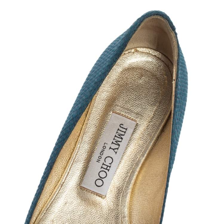 مملوكة مسبقًا Jimmy Choo Blue Snake Embossed Leather Gala Bow Ballet Flats Size 37