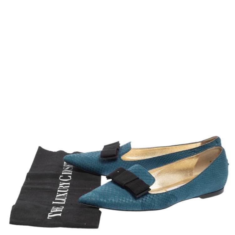 مملوكة مسبقًا Jimmy Choo Blue Snake Embossed Leather Gala Bow Ballet Flats Size 37