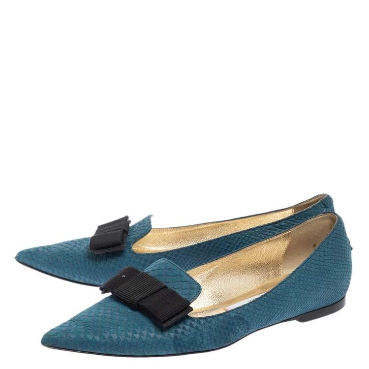 مملوكة مسبقًا Jimmy Choo Blue Snake Embossed Leather Gala Bow Ballet Flats Size 37