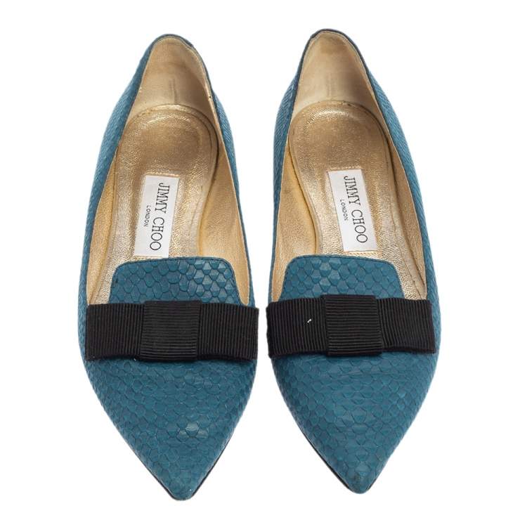 مملوكة مسبقًا Jimmy Choo Blue Snake Embossed Leather Gala Bow Ballet Flats Size 37