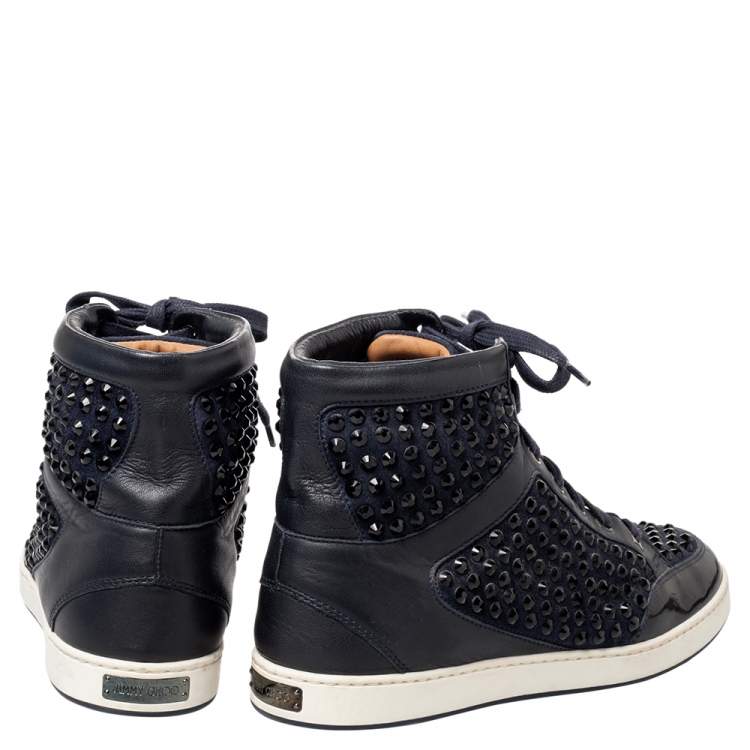 Pre Owned Jimmy Choo Navy Blue Leather and Suede Studded High Top Sneakers Size 37.5