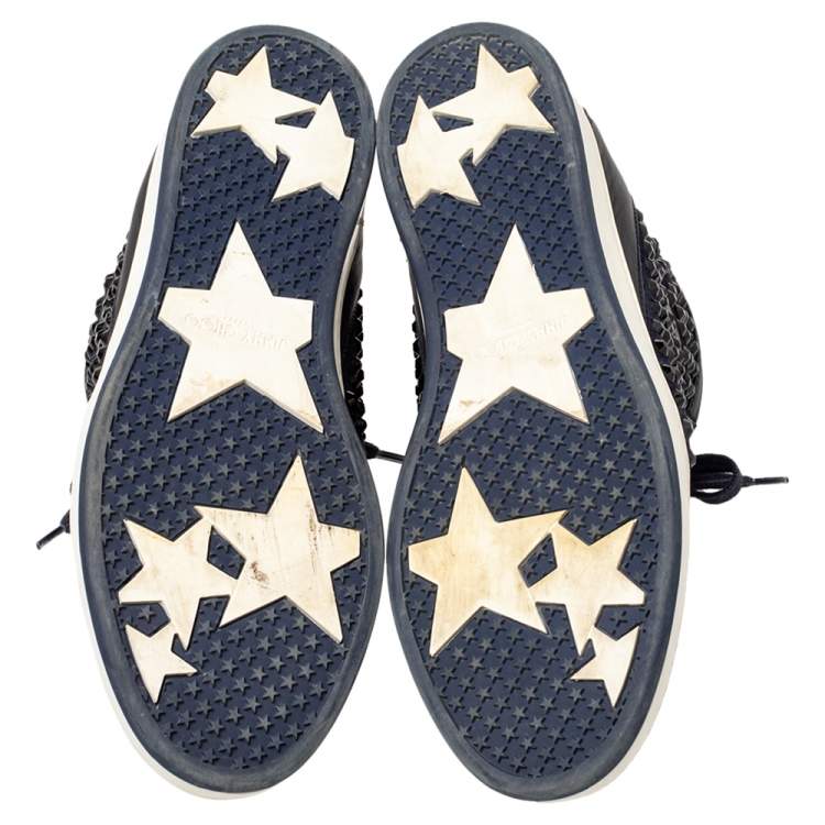 Pre Owned Jimmy Choo Navy Blue Leather and Suede Studded High Top Sneakers Size 37.5