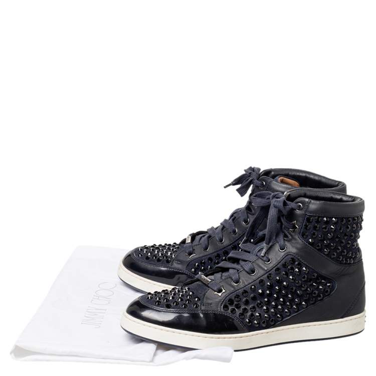 Pre Owned Jimmy Choo Navy Blue Leather and Suede Studded High Top Sneakers Size 37.5