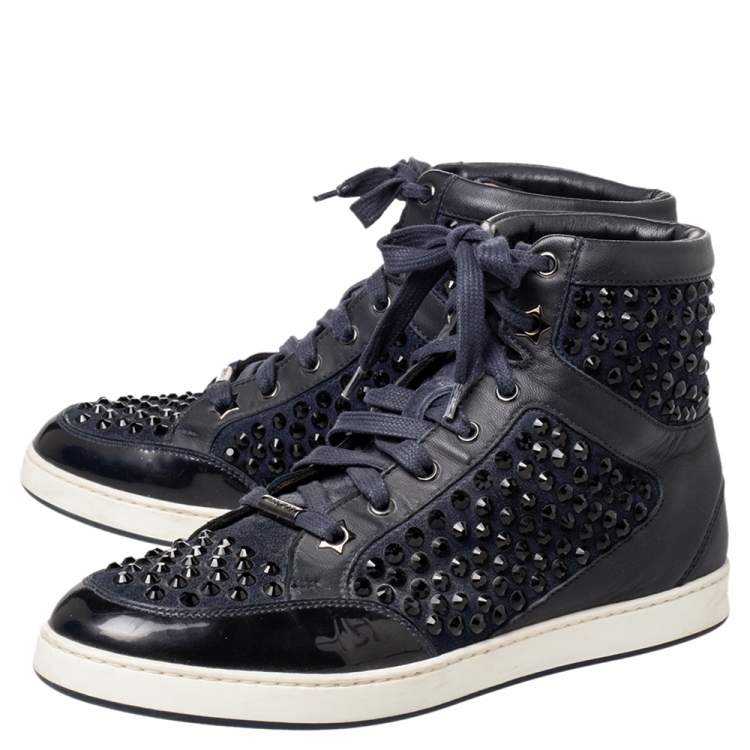 Pre Owned Jimmy Choo Navy Blue Leather and Suede Studded High Top Sneakers Size 37.5