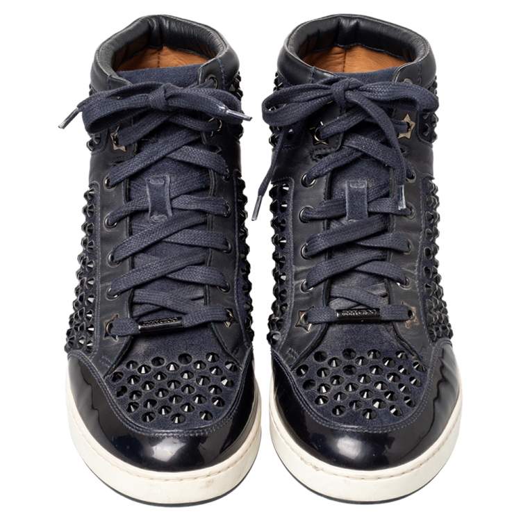Pre Owned Jimmy Choo Navy Blue Leather and Suede Studded High Top Sneakers Size 37.5