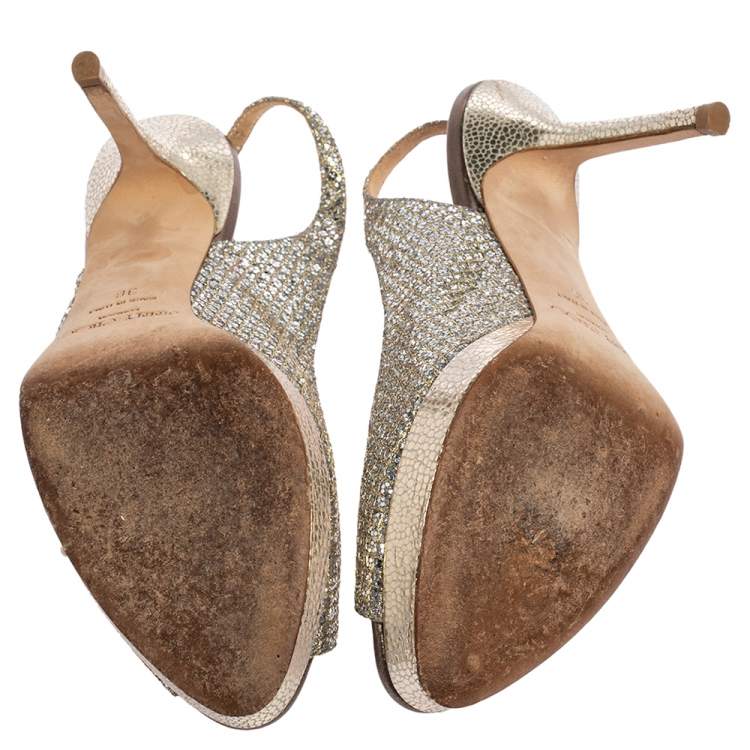 Pre Owned Jimmy Choo Metallic Gold Lamè Glitter Fabric Nova Peep Toe Platform Slingback Sandals Size 36
