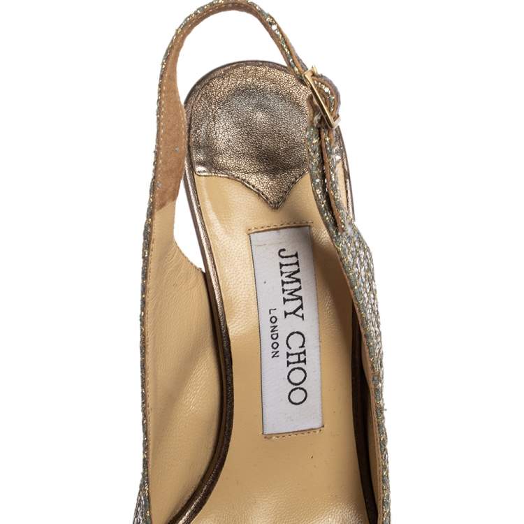 Pre Owned Jimmy Choo Metallic Gold Lamè Glitter Fabric Nova Peep Toe Platform Slingback Sandals Size 36