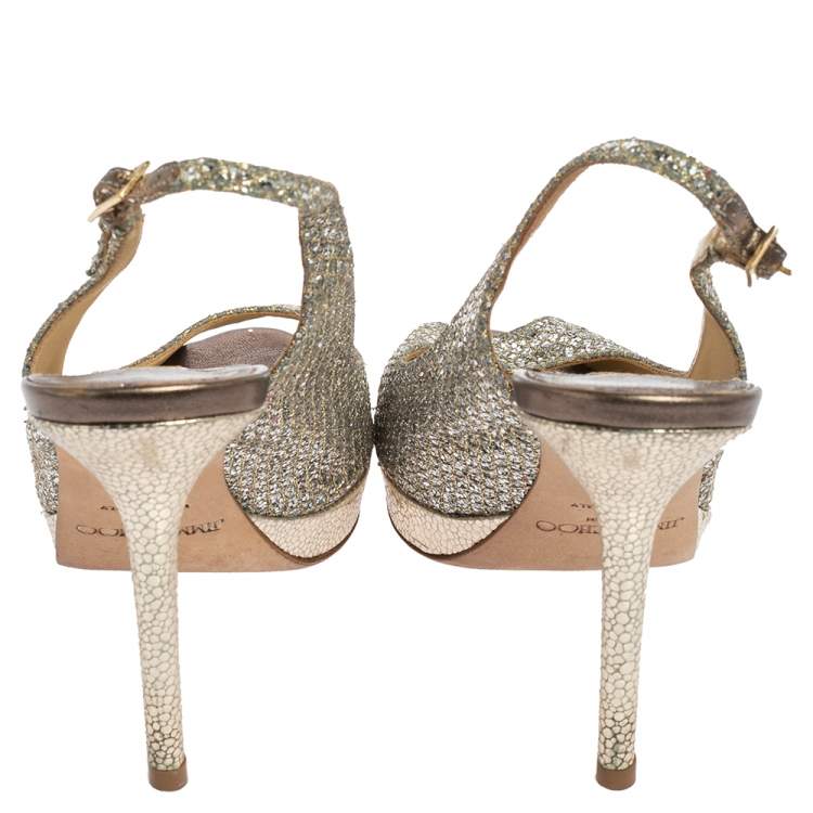 Pre Owned Jimmy Choo Metallic Gold Lamè Glitter Fabric Nova Peep Toe Platform Slingback Sandals Size 36