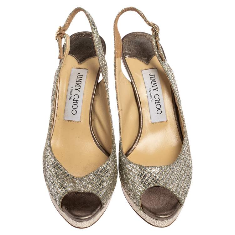 Pre Owned Jimmy Choo Metallic Gold Lamè Glitter Fabric Nova Peep Toe Platform Slingback Sandals Size 36
