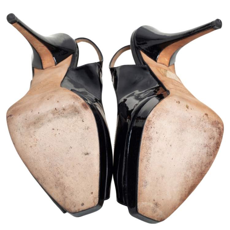 Pre Owned Jimmy Choo Black Patent Leather Crown Peep Toe Platform Slingback Sandals Size 39