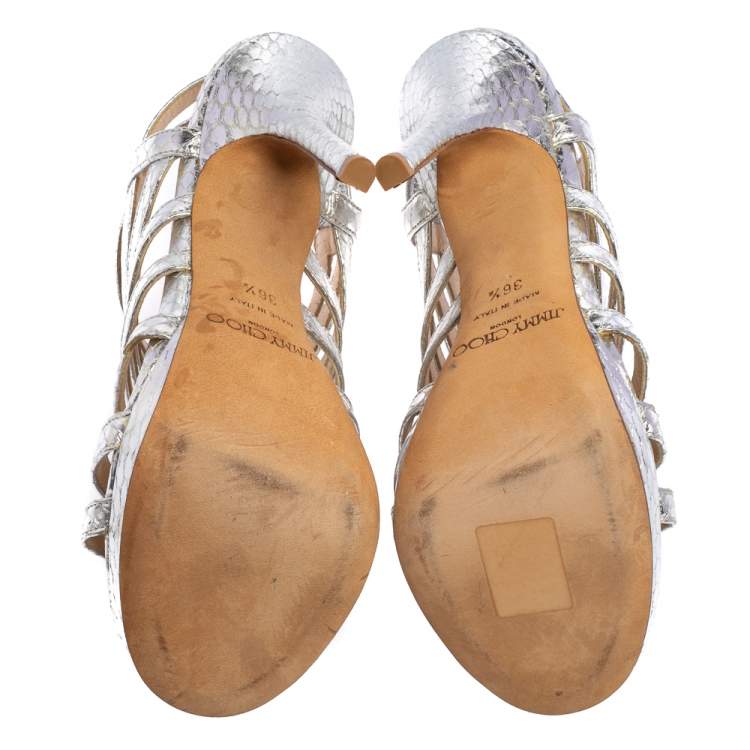 Pre Owned Jimmy Choo Silver Snake Embossed Leather Glenys Gladiator Sandals Size 36.5