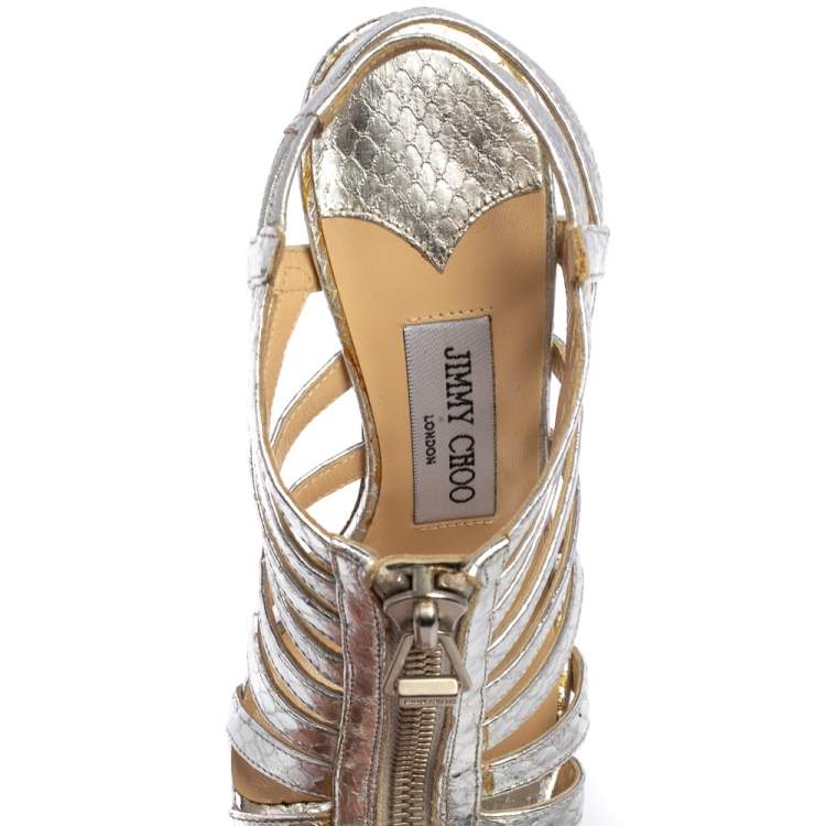Pre Owned Jimmy Choo Silver Snake Embossed Leather Glenys Gladiator Sandals Size 36.5