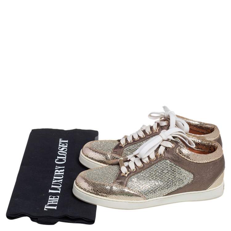 Pre Owned Jimmy Choo Gold Glitter and Leather Trainer Low Top Sneakers Size 36