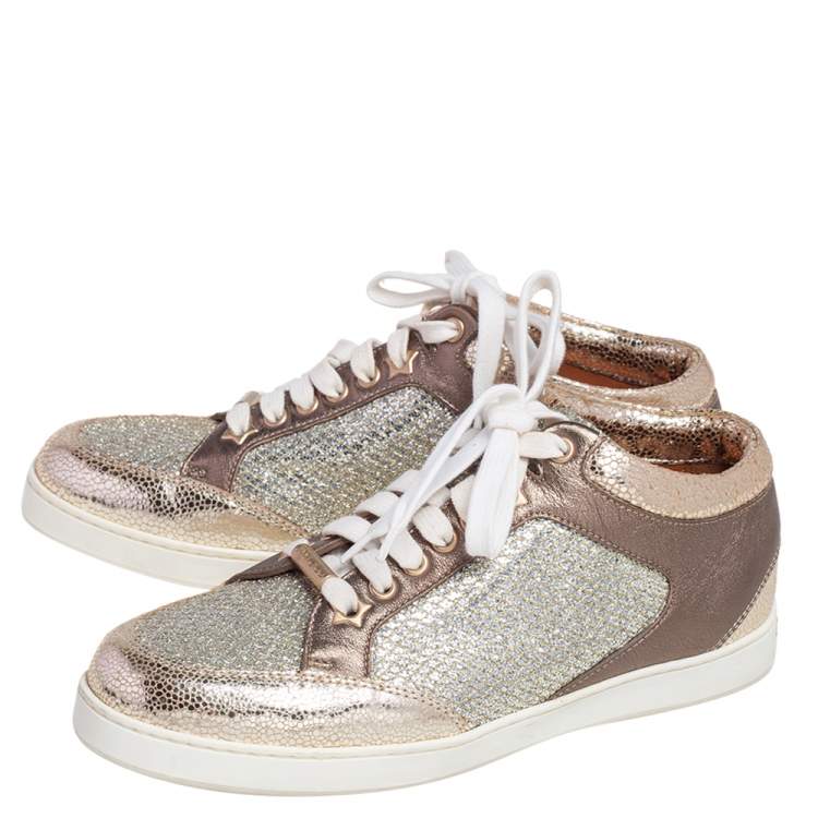 Pre Owned Jimmy Choo Gold Glitter and Leather Trainer Low Top Sneakers Size 36