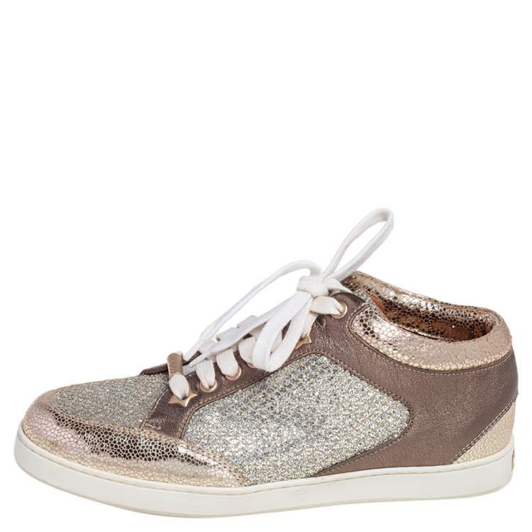 Pre Owned Jimmy Choo Gold Glitter and Leather Trainer Low Top Sneakers Size 36