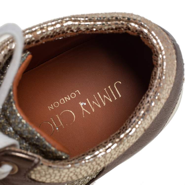 Pre Owned Jimmy Choo Gold Glitter and Leather Trainer Low Top Sneakers Size 36