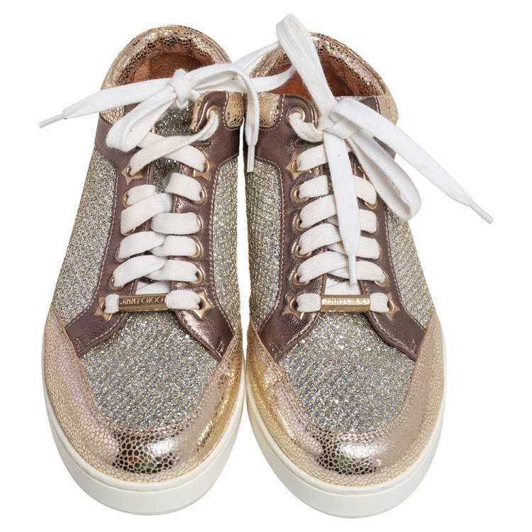 Pre Owned Jimmy Choo Gold Glitter and Leather Trainer Low Top Sneakers Size 36
