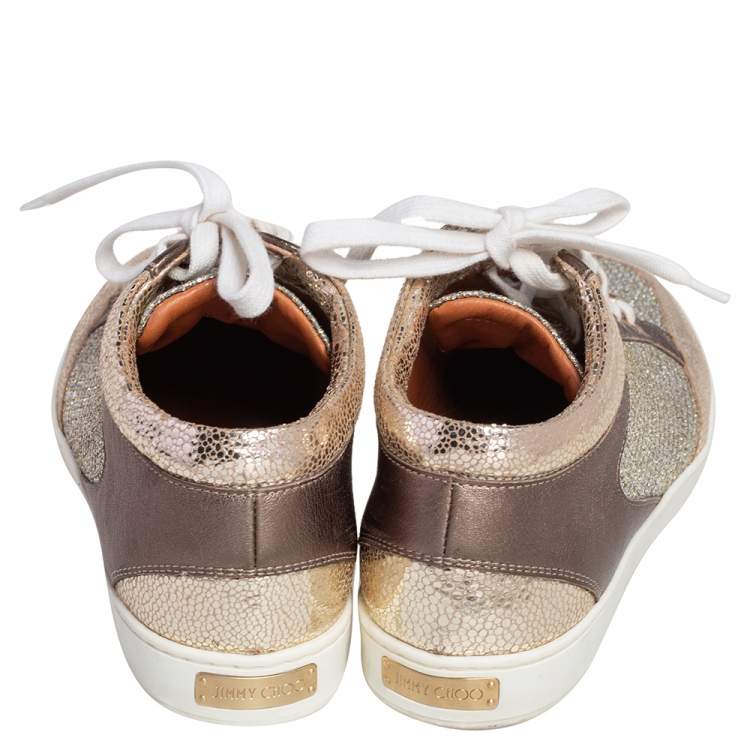 Pre Owned Jimmy Choo Gold Glitter and Leather Trainer Low Top Sneakers Size 36