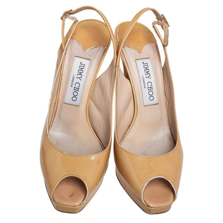 Pre Owned Jimmy Choo Beige Patent Leather Vita Peep Toe Platform Slingback Sandals Size 36.5