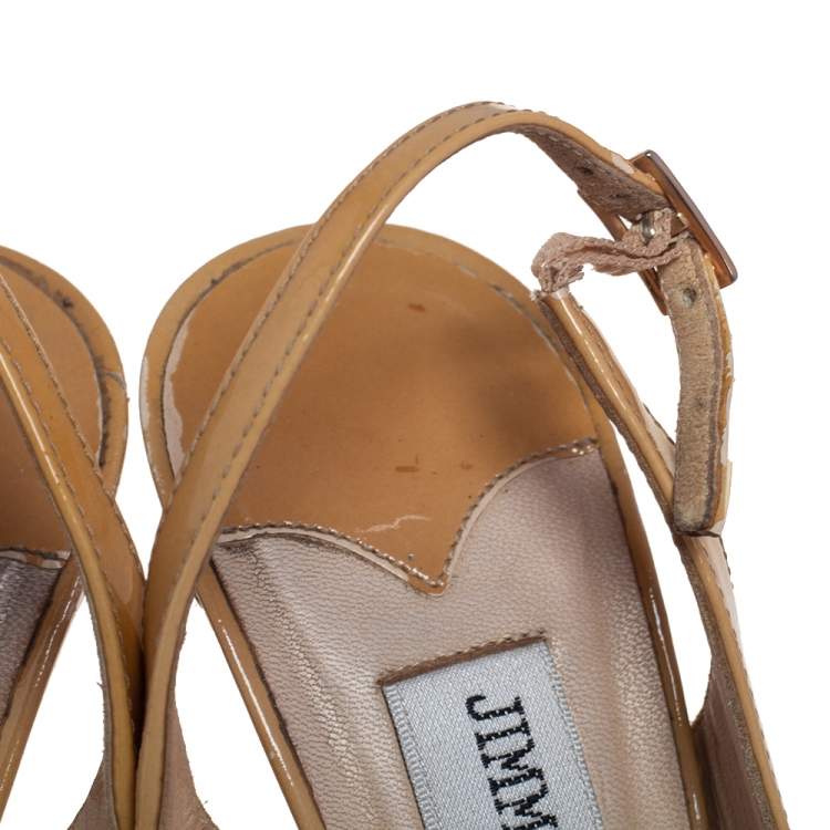 Pre Owned Jimmy Choo Beige Patent Leather Vita Peep Toe Platform Slingback Sandals Size 36.5