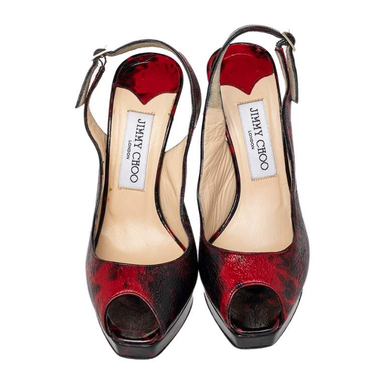 Pre Owned Jimmy Choo Red/Black Patent Leather Clue Peep Toe Slingback Sandals Size 36.5