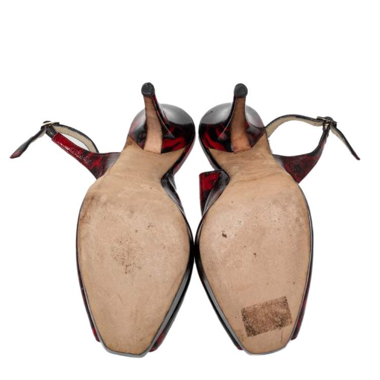 Pre Owned Jimmy Choo Red/Black Patent Leather Clue Peep Toe Slingback Sandals Size 36.5