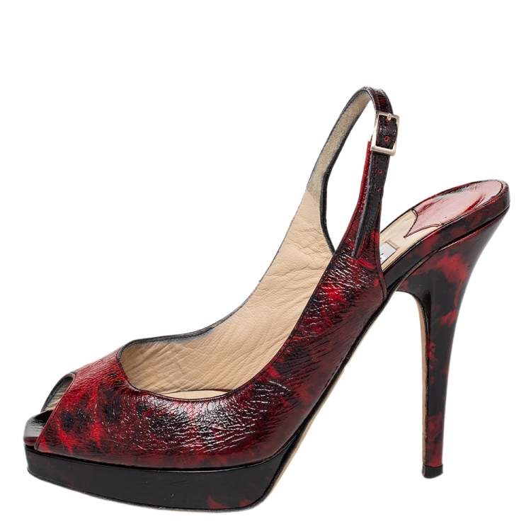 Pre Owned Jimmy Choo Red/Black Patent Leather Clue Peep Toe Slingback Sandals Size 36.5