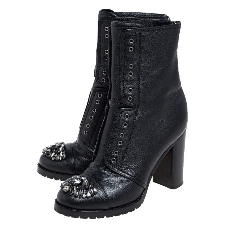 Pre Owned Jimmy Choo Black Leather Crystal Embellished Hatcher Boots Size 35