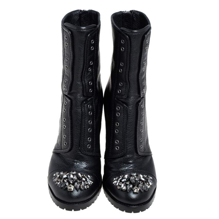 Pre Owned Jimmy Choo Black Leather Crystal Embellished Hatcher Boots Size 35