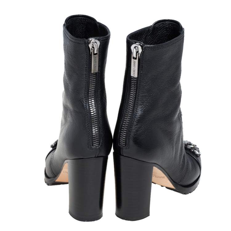 Pre Owned Jimmy Choo Black Leather Crystal Embellished Hatcher Boots Size 35