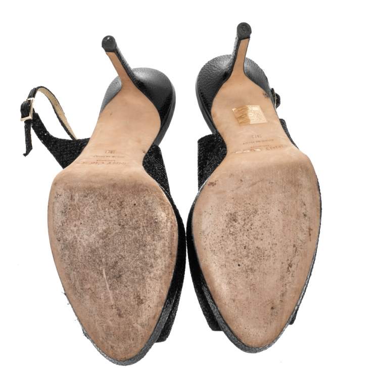 مملوكة مسبقًا Jimmy Choo Black Glitter And Lurex Fabric Nova Peep Toe Slingback Sandals Size 38
