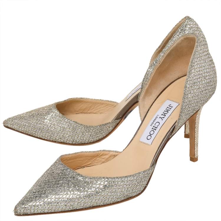 Pre Owned Jimmy Choo Metallic Glitter Champagne Logan D'orsay Peep Toe Pumps Size 38.5