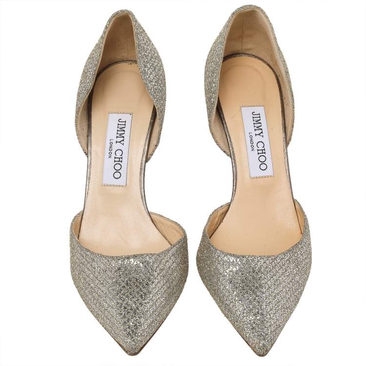 Pre Owned Jimmy Choo Metallic Glitter Champagne Logan D'orsay Peep Toe Pumps Size 38.5