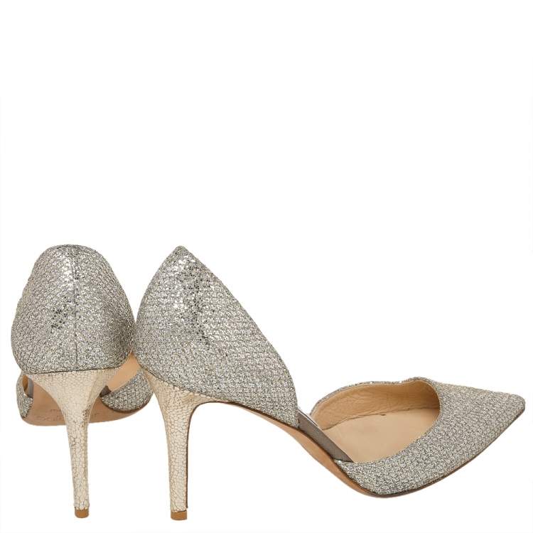 Pre Owned Jimmy Choo Metallic Glitter Champagne Logan D'orsay Peep Toe Pumps Size 38.5