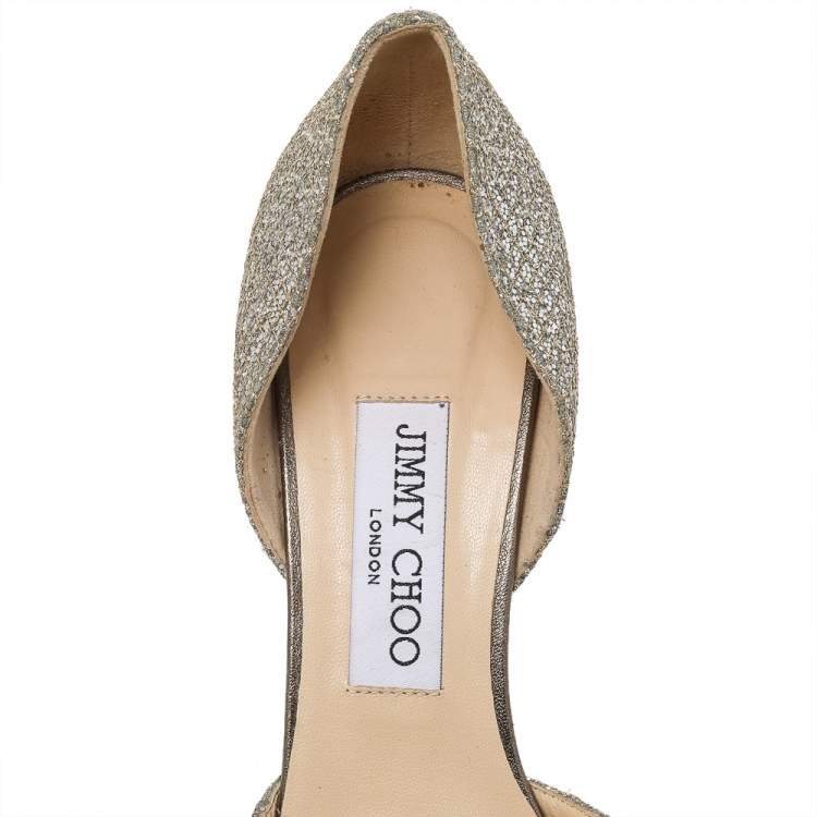 Pre Owned Jimmy Choo Metallic Glitter Champagne Logan D'orsay Peep Toe Pumps Size 38.5