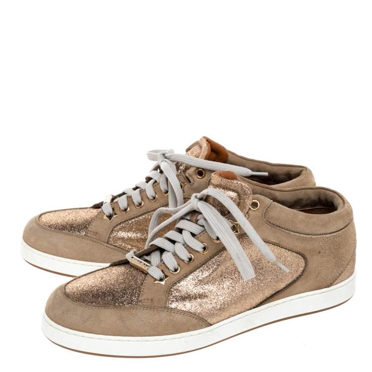 Pre Owned Jimmy Choo Beige Glitter And Suede Miami Lace Up Sneakers Size 38