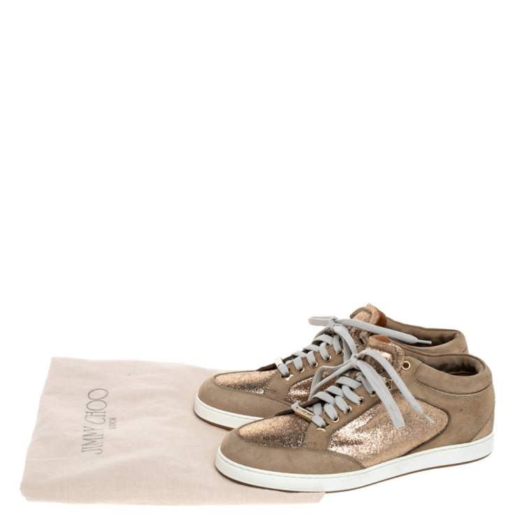 Pre Owned Jimmy Choo Beige Glitter And Suede Miami Lace Up Sneakers Size 38