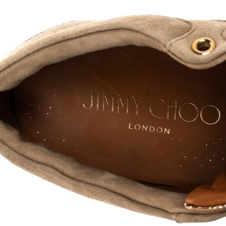 Pre Owned Jimmy Choo Beige Glitter And Suede Miami Lace Up Sneakers Size 38
