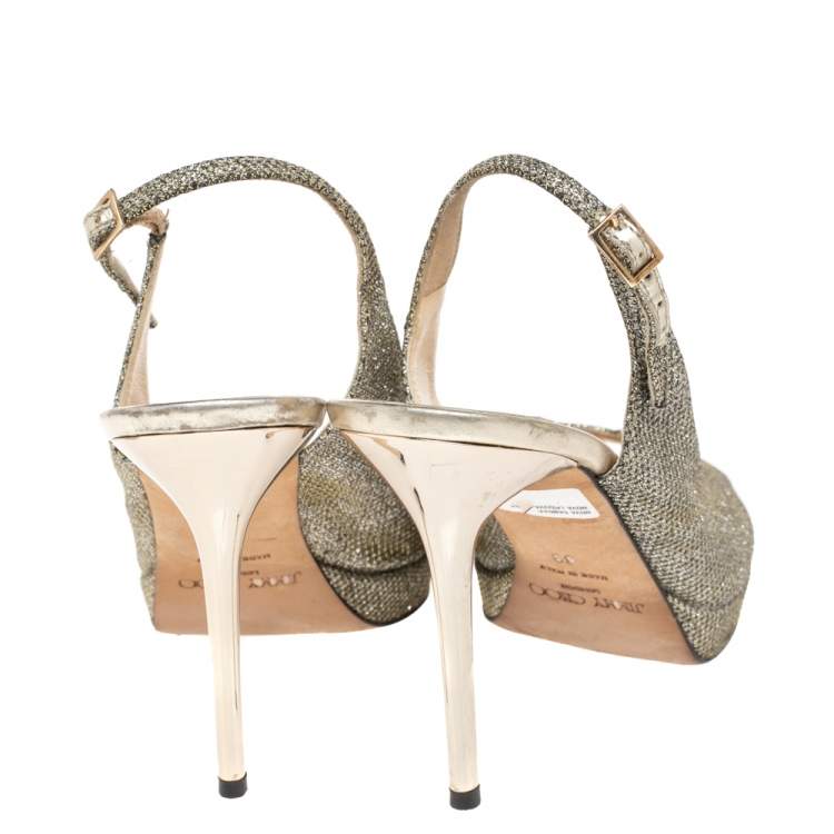 Pre Owned Jimmy Choo Metallic Gold Glitter Peep Toe Slingback Sandals Size 39