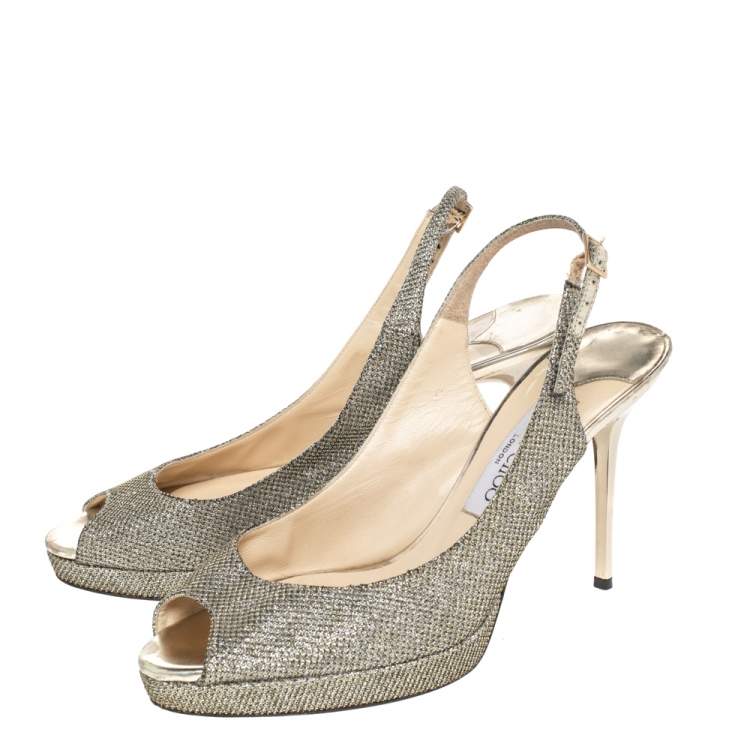 Pre Owned Jimmy Choo Metallic Gold Glitter Peep Toe Slingback Sandals Size 39