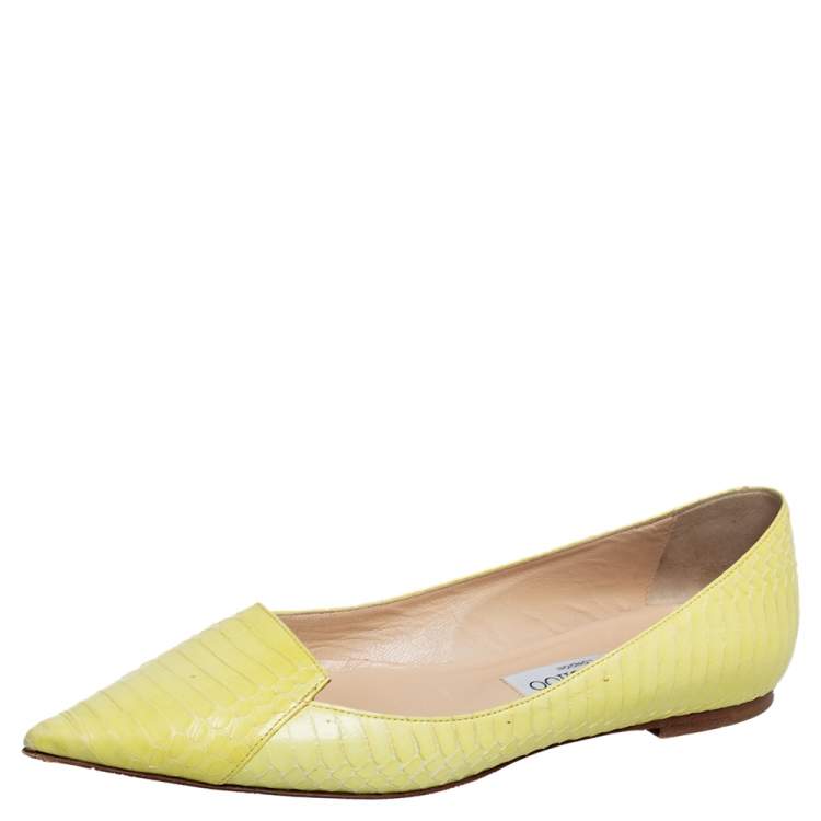 Pre Owned Jimmy Choo Yellow Python  Attila Pointed Toe Flats Size 37