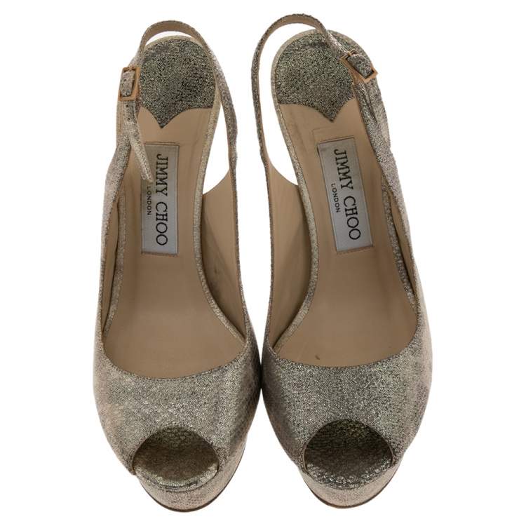 Pre Owned Jimmy Choo Metallic Gold Embossed Leather Vita Peep Toe Platform Slingback Sandals Size 38