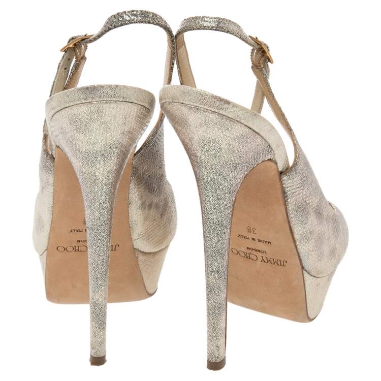 Pre Owned Jimmy Choo Metallic Gold Embossed Leather Vita Peep Toe Platform Slingback Sandals Size 38